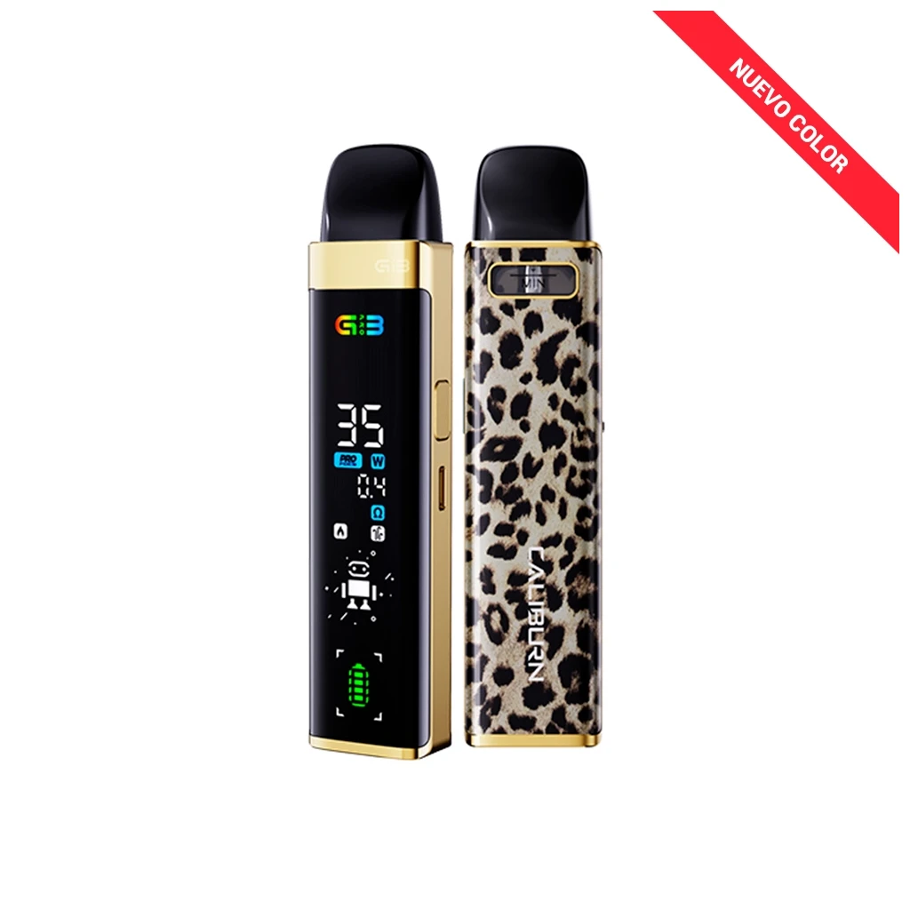 Uwell Caliburn G3 Pro en vistas frontal y trasera, con bordes dorados, pantalla a color y estampado de leopardo.