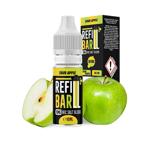 Frasco Refill Bar Sour Apple con tapón blanco y su caja negra y verde, junto a una manzana verde entera y otra cortada.