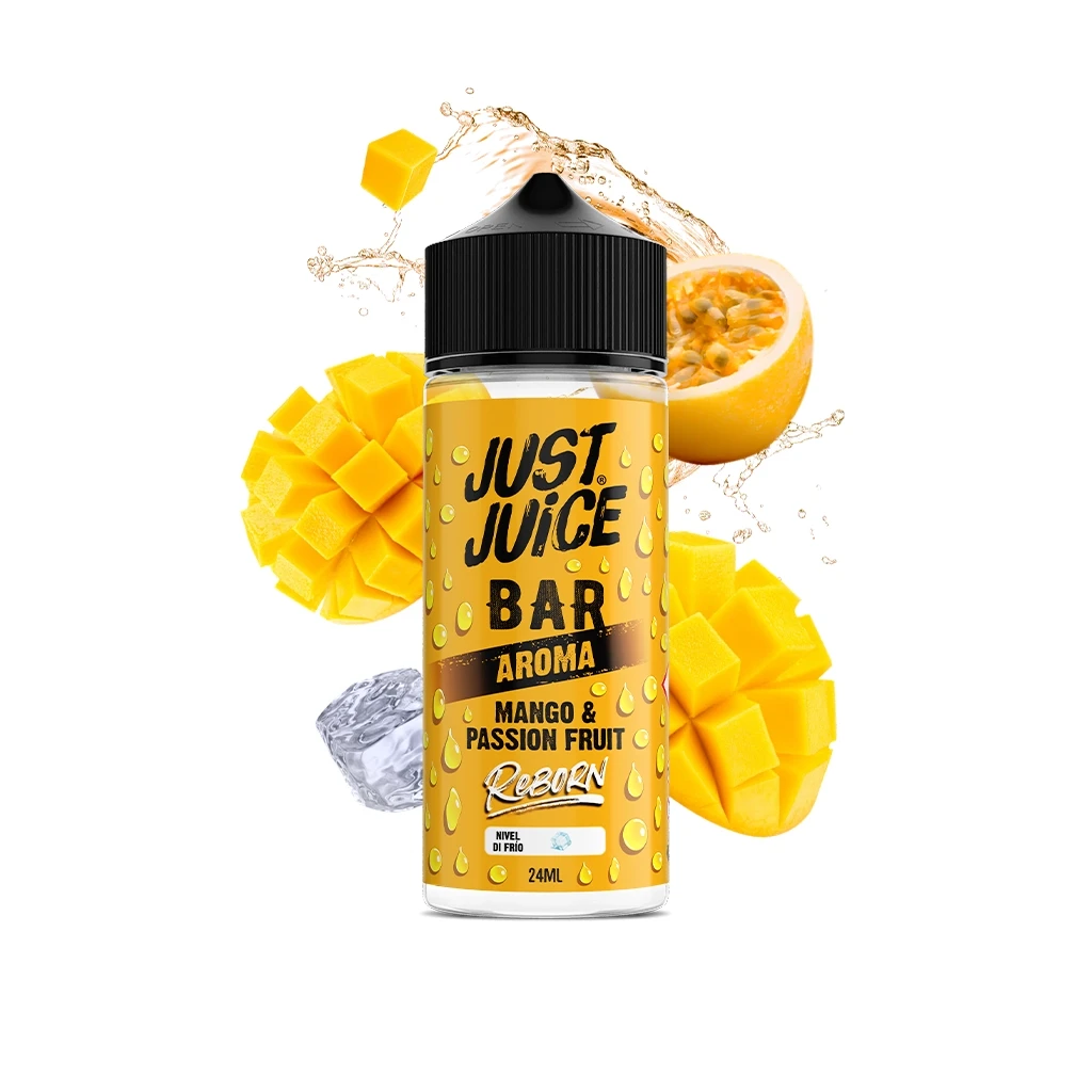 Botella Just Juice Reborn Mango & Passion Fruit de 24 ml, con etiqueta amarilla, rodeada de mango, maracuyá, hielo y salpicaduras.