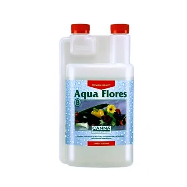 Envase blanco de Aqua Flores B CANNA con dos tapones rojos y etiqueta azul con flores y hortalizas, sobre fondo blanco.