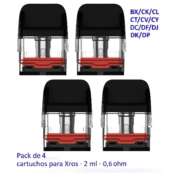 Cartuchos para Xros con boquilla negra, depósito transparente y juntas rojas; el texto indica pack de 4, 2 ml y 0,6 ohm.