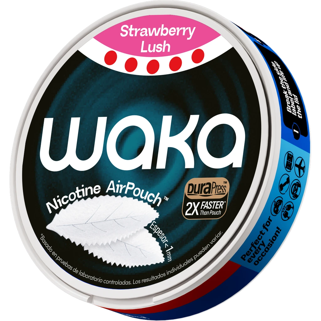 Envase redondo de Waka AirPouch Strawberry Lush, visto en ángulo, con etiqueta rosa y bolsas blancas ilustradas en la tapa.