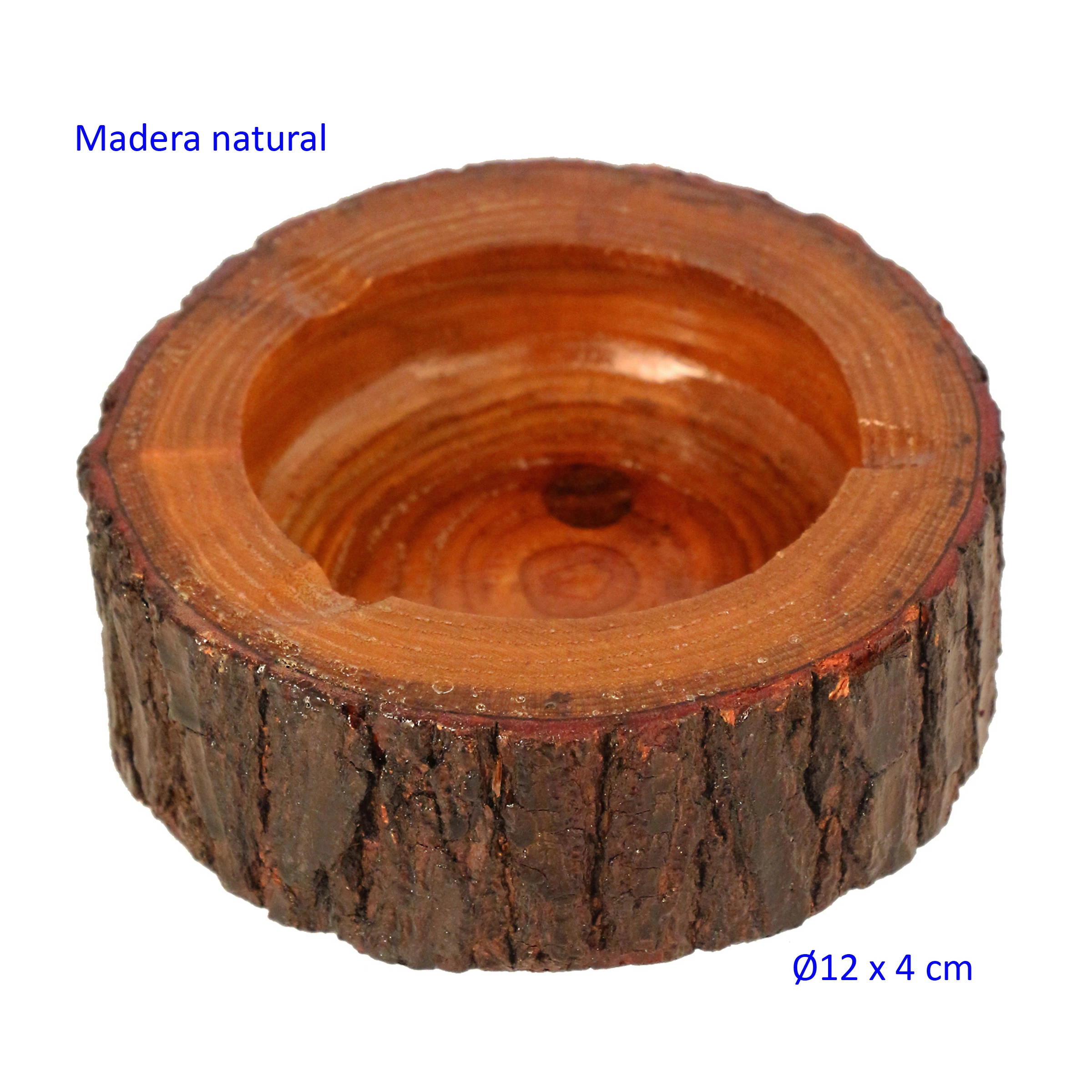 Cenicero circular de madera con corteza exterior, cavidad pulida y muescas en el borde, visto en perspectiva sobre fondo blanco.