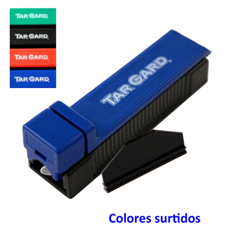 Máquina para llenar tubos Tar Gard azul y negra, vista en diagonal, con pieza separada y muestra de varios colores.