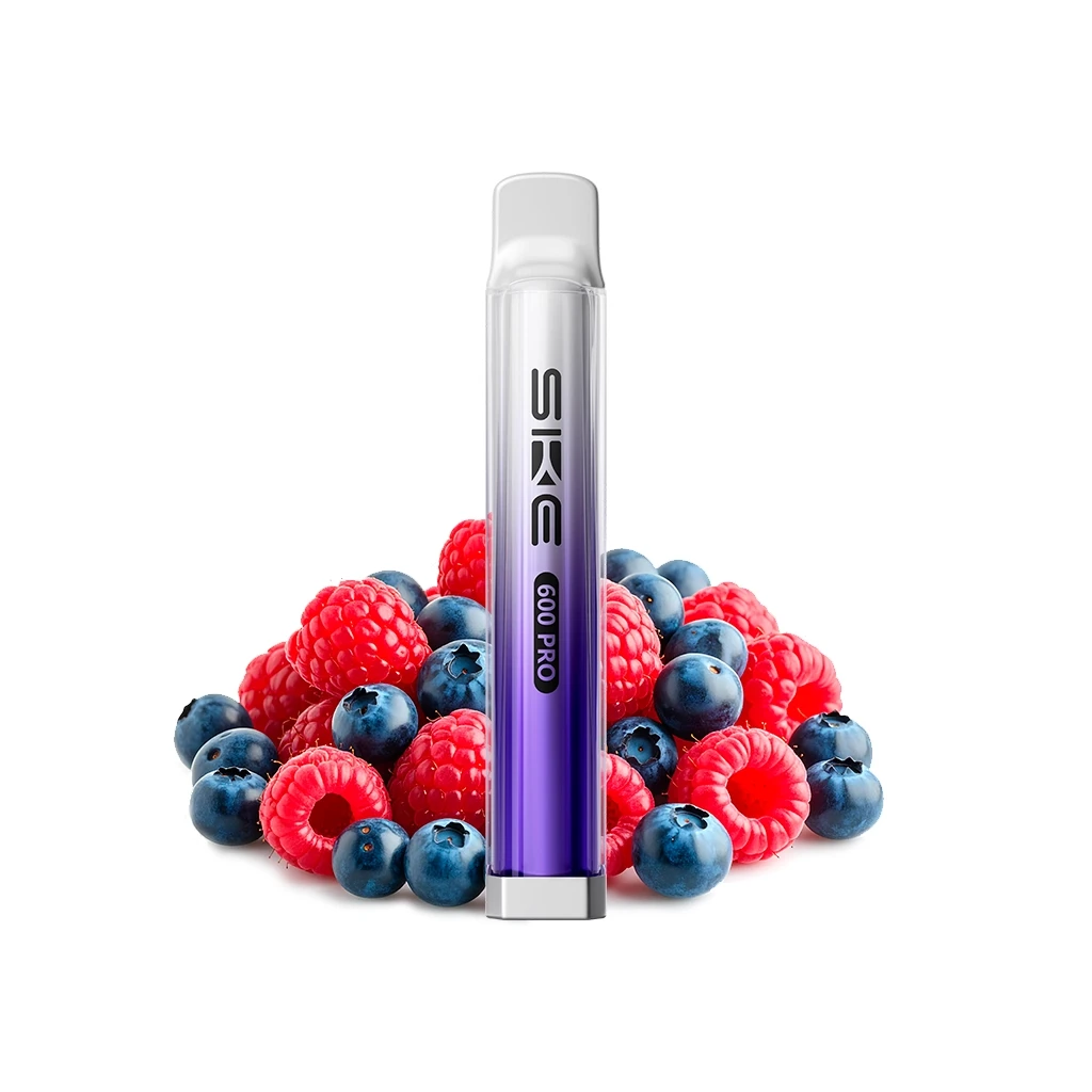 Ske Crystal 600 Pro Blueberry Sour Raspberry en vertical, con cuerpo plateado y morado, rodeado de arándanos y frambuesas.