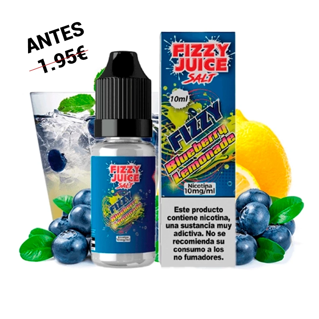 Frasco y caja de Fizzy Juice Salts Blueberry Lemonade de 10 ml y 10 mg/ml, junto a arándanos, limón y un vaso con hielo.