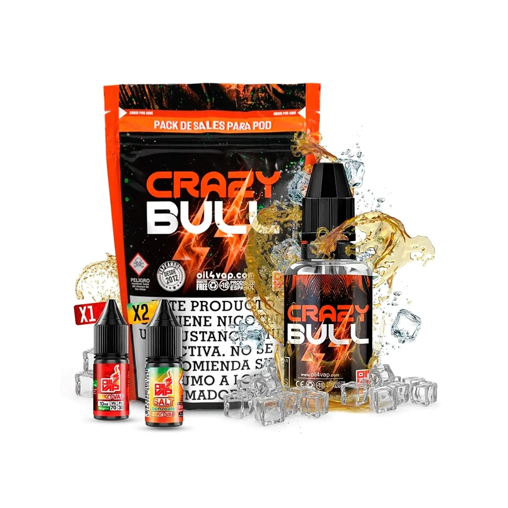 Presentación de Crazy Bull de Oil4vap con bolsa, frasco grande y botes pequeños de etiquetas distintas, entre hielo y salpicaduras doradas.