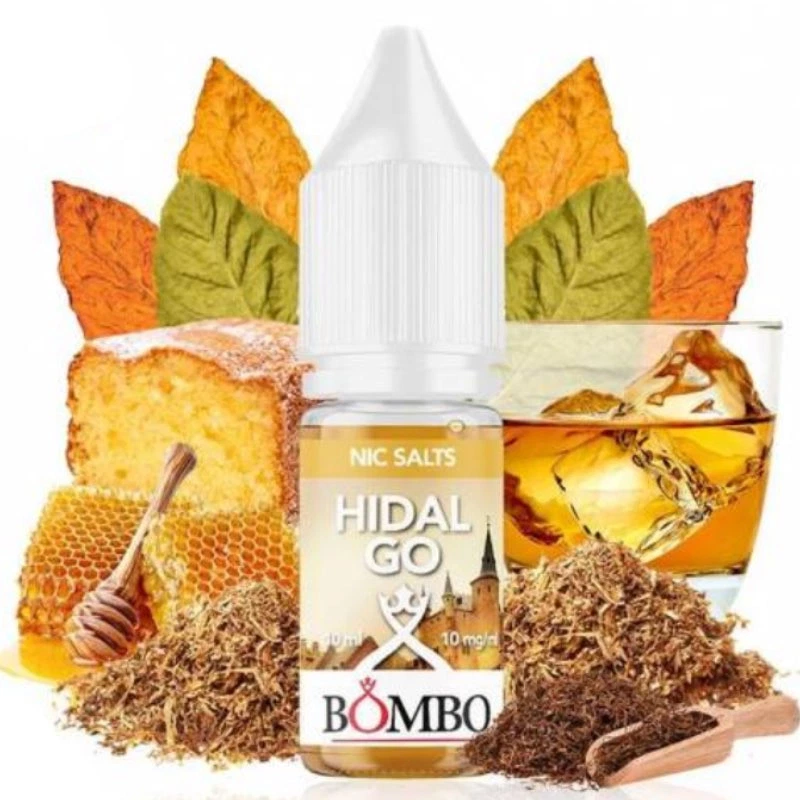 Frasco de Hidalgo Bombo Nic Salts de 10 mg/ml con tapón blanco, rodeado de hojas, tabaco, bizcocho, miel y un vaso con hielo.