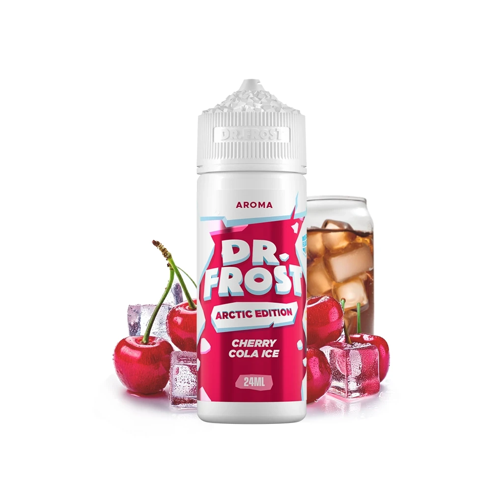 Frasco Dr. Frost Arctic Edition Cherry Cola Ice de 24 ml, con etiqueta roja, cerezas, cubitos de hielo y un vaso de refresco detrás.