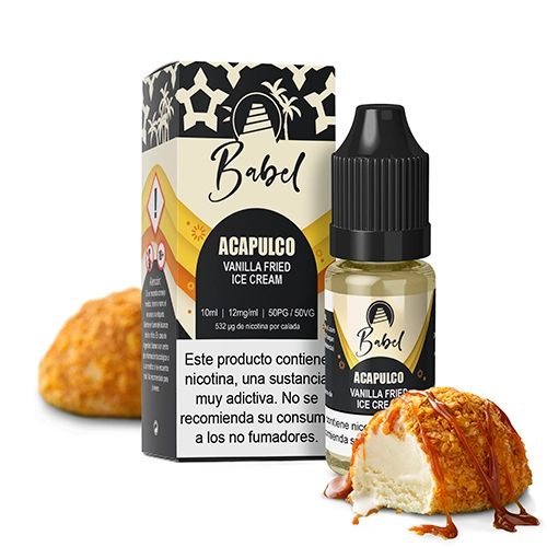 Frasco de Babel Acapulco con tapón negro junto a su caja, con el texto Vanilla Fried Ice Cream y un postre helado con cobertura dorada.