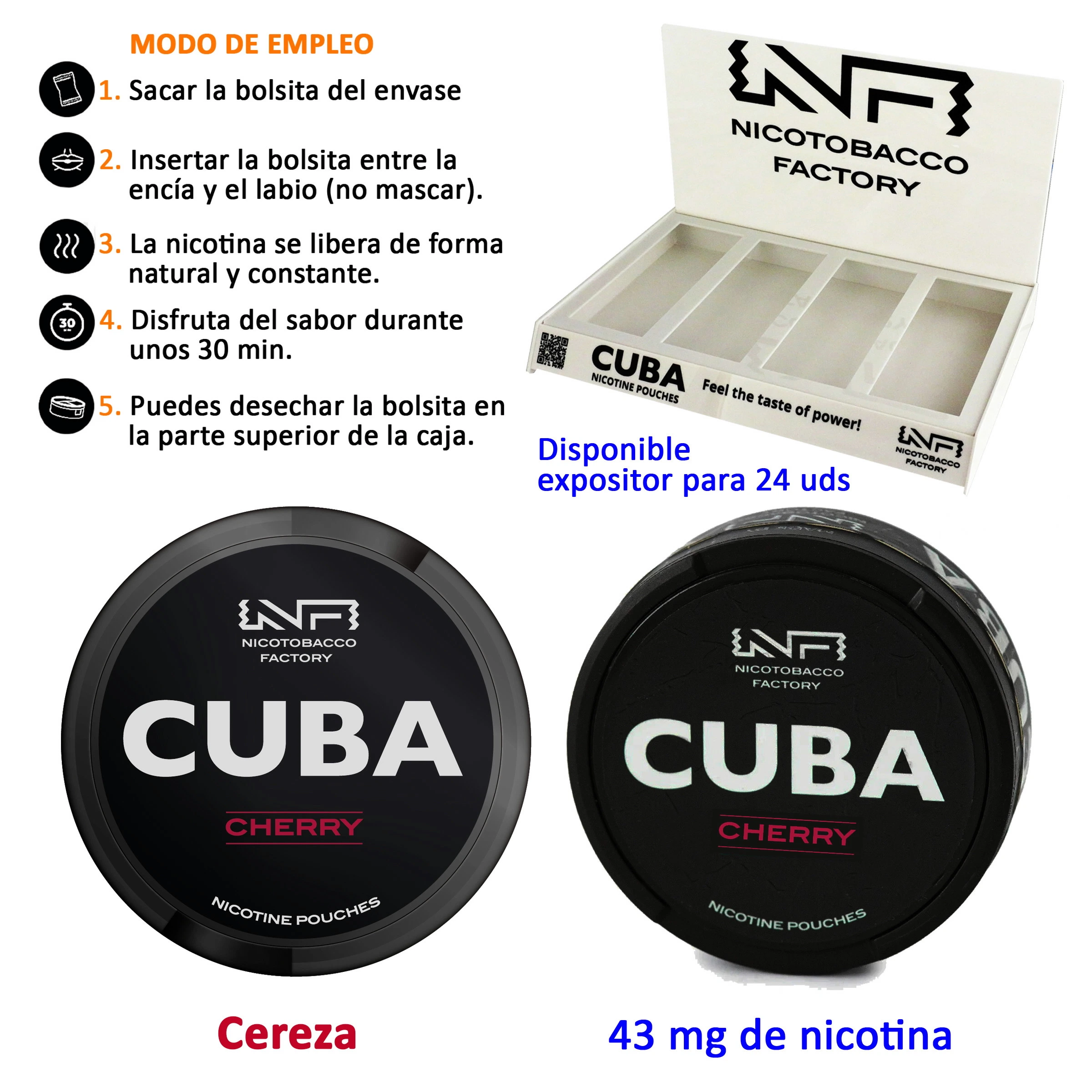 Envases negros de CUBA Cherry con indicación de 43 mg de nicotina, expositor vacío e instrucciones de uso en español.