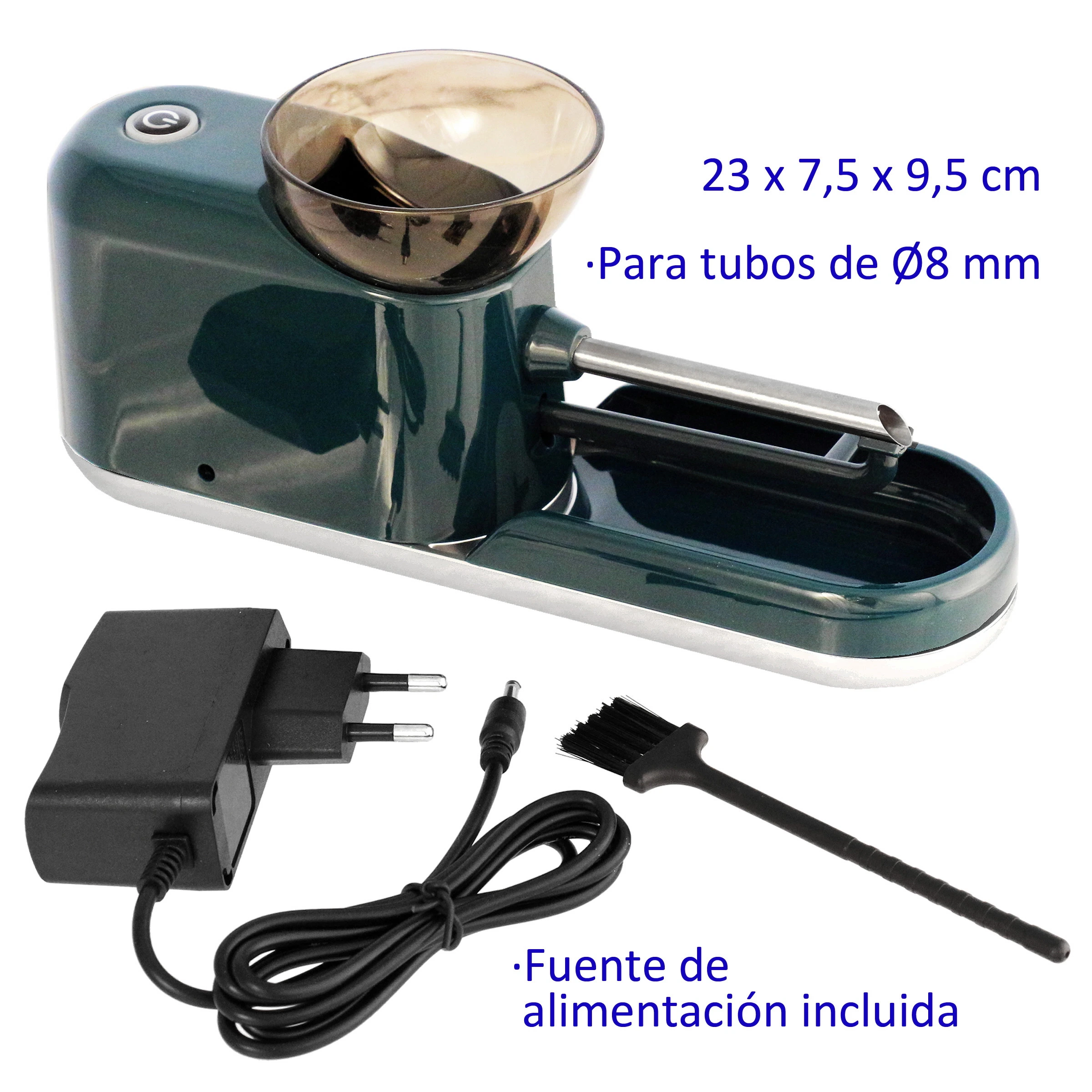 Máquina eléctrica verde para llenar tubos, con tolva metálica, boquilla lateral, adaptador de corriente y cepillo de limpieza. Máquina eléctrica verde para llenar tubos, con tolva metálica, boquilla lateral, adaptador de corriente y cepillo de limpieza.