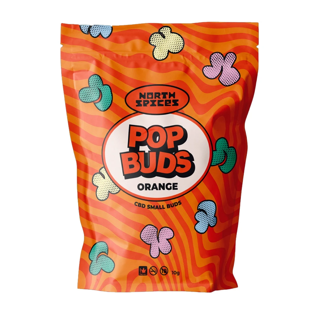 Bolsa de North Spices Pop Buds Orange de 10 g, con ondas naranjas y rojas, motivos de colores y el texto CBD Small Buds.