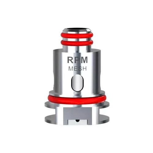 Resistencia Smok RPM con inscripción RPM MESH, cuerpo plateado y juntas rojas, aislada sobre fondo blanco.