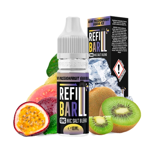Frasco Refill Bar Salts Kiwi Passionfruit Guava Ice con su caja, rodeado de kiwi, maracuyá, guayaba y hielo sobre fondo blanco.
