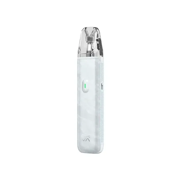 OXVA Xlim Go Lite Pod Kit de cuerpo blanco nacarado, con cartucho transparente e indicador verde, aislado sobre fondo blanco.