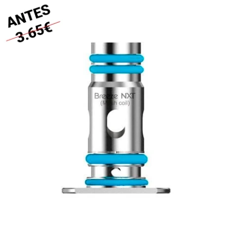 Resistencia Aspire Breeze NXT de acabado plateado con juntas azules, abertura lateral y base plana sobre fondo blanco.