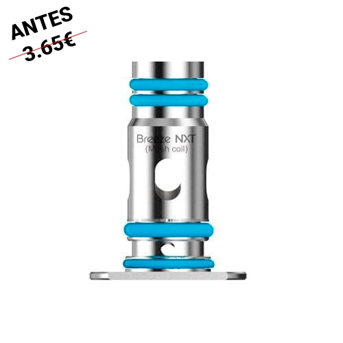 Resistencia Aspire Breeze NXT de acabado plateado con juntas azules, abertura lateral y base plana sobre fondo blanco.