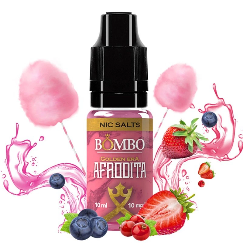 Frasco de Afrodita Golden Era Nic Salts de Bombo con etiqueta rosa, rodeado de fresas, bayas y algodón de azúcar.