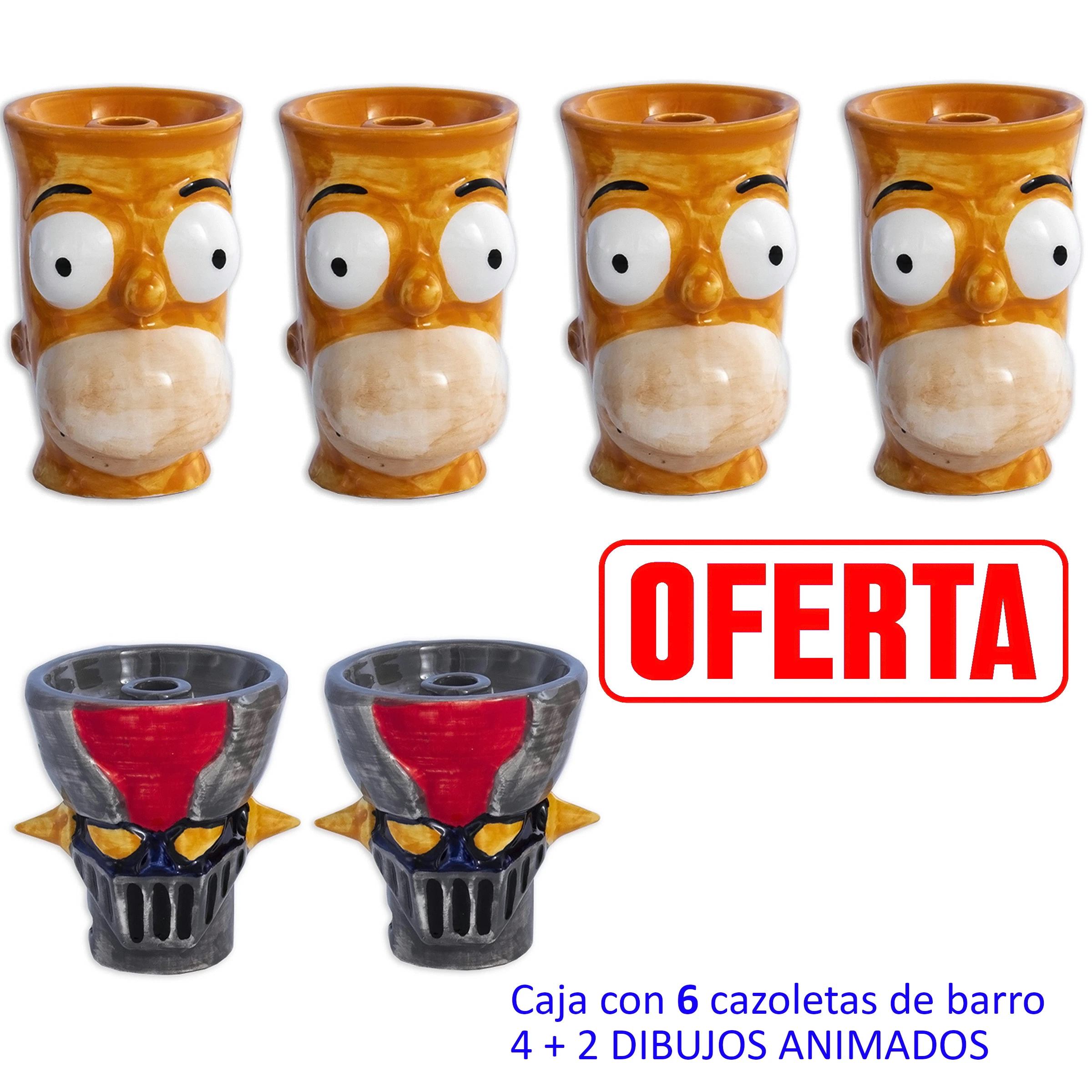 Cazoletas para cachimba con dos diseños: rostro amarillo de ojos grandes y máscara robótica gris con detalles rojos y amarillos.