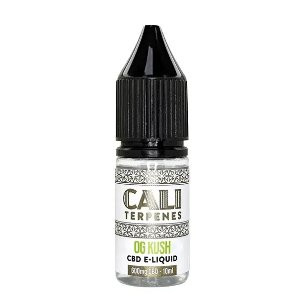 Frasco de CBD E-Liquid OG Kush de Cali Terpenes con tapón negro y etiqueta blanca que indica 600 mg de CBD y 10 ml.