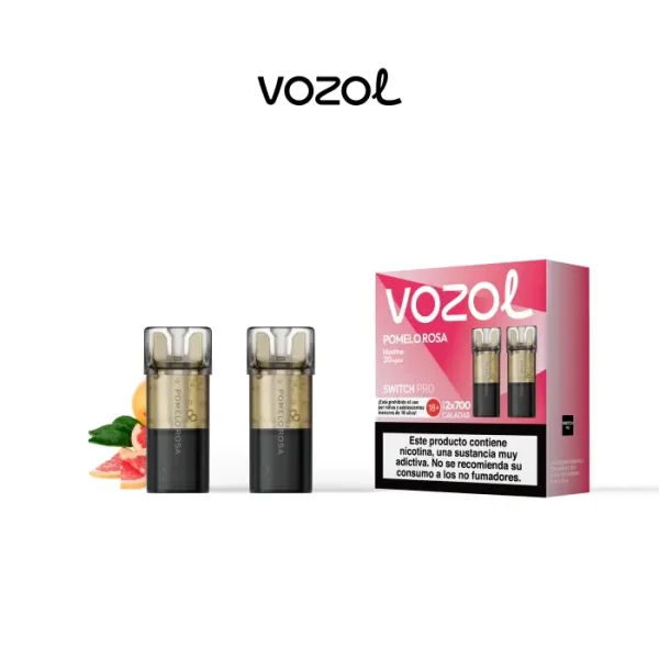 Pods Vozol Switch Pro Pomelo Rosa junto a su caja rosa, con boquillas transparentes, bases negras y pomelo al fondo.