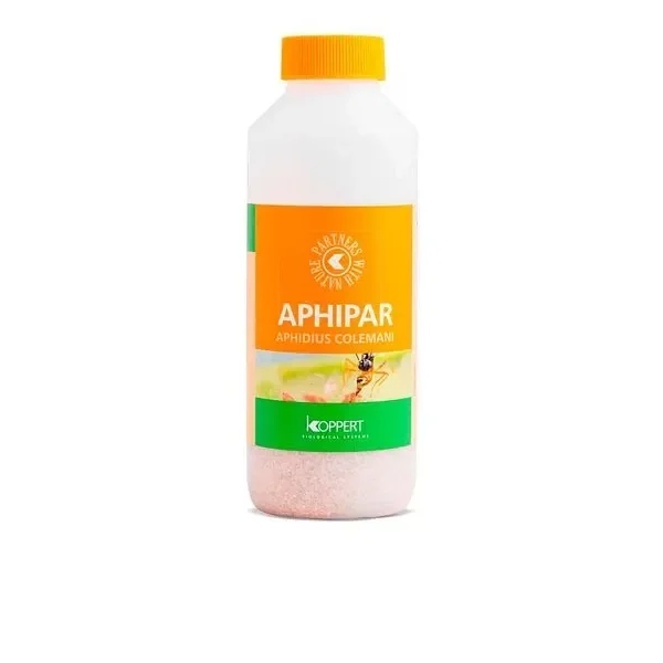 Bote blanco de Aphipar de Koppert, con tapón naranja, etiqueta naranja y verde y el nombre Aphidius colemani visible.