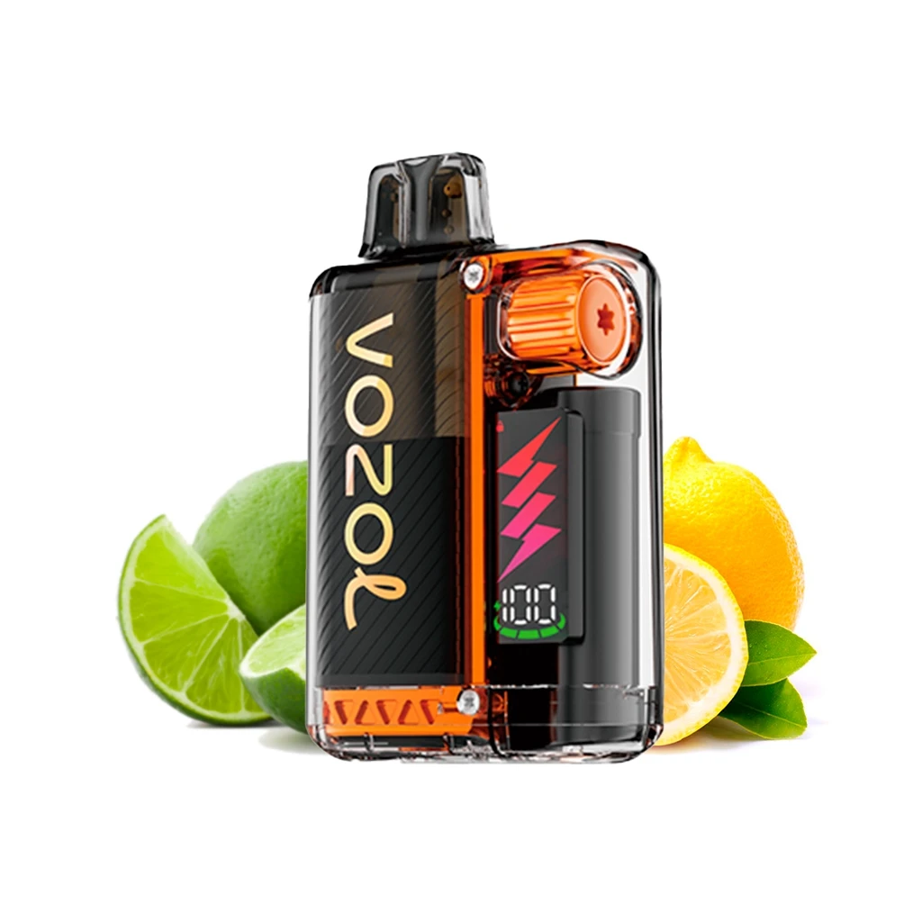 Vozol Vista Plug Lemon Lime negro y naranja, con boquilla superior, pantalla y símbolo de rayo, acompañado de limones y limas cortados.
