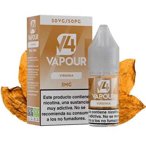 Frasco de V4 Vapour Virginia con tapón gris junto a su caja dorada, marcada 3 mg y 50VG/50PG, con hojas de tabaco detrás.