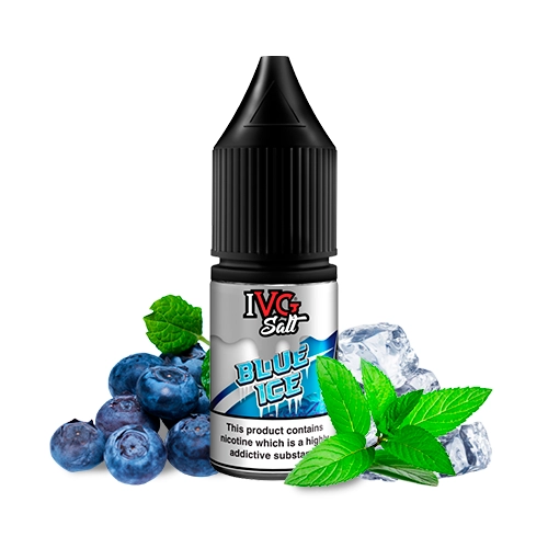 Frasco de IVG Salts Blue Ice con tapón negro y etiqueta azul, rodeado de arándanos, hojas de menta y cubitos de hielo.