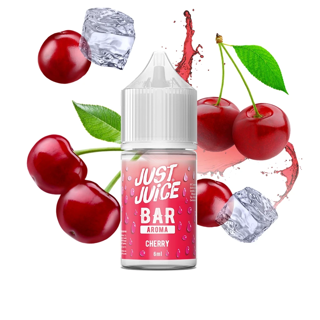 Frasco Just Juice Bar Cherry Longfill de 6 ml con tapón blanco y etiqueta rosa, rodeado de cerezas, cubitos de hielo y salpicaduras rojas.