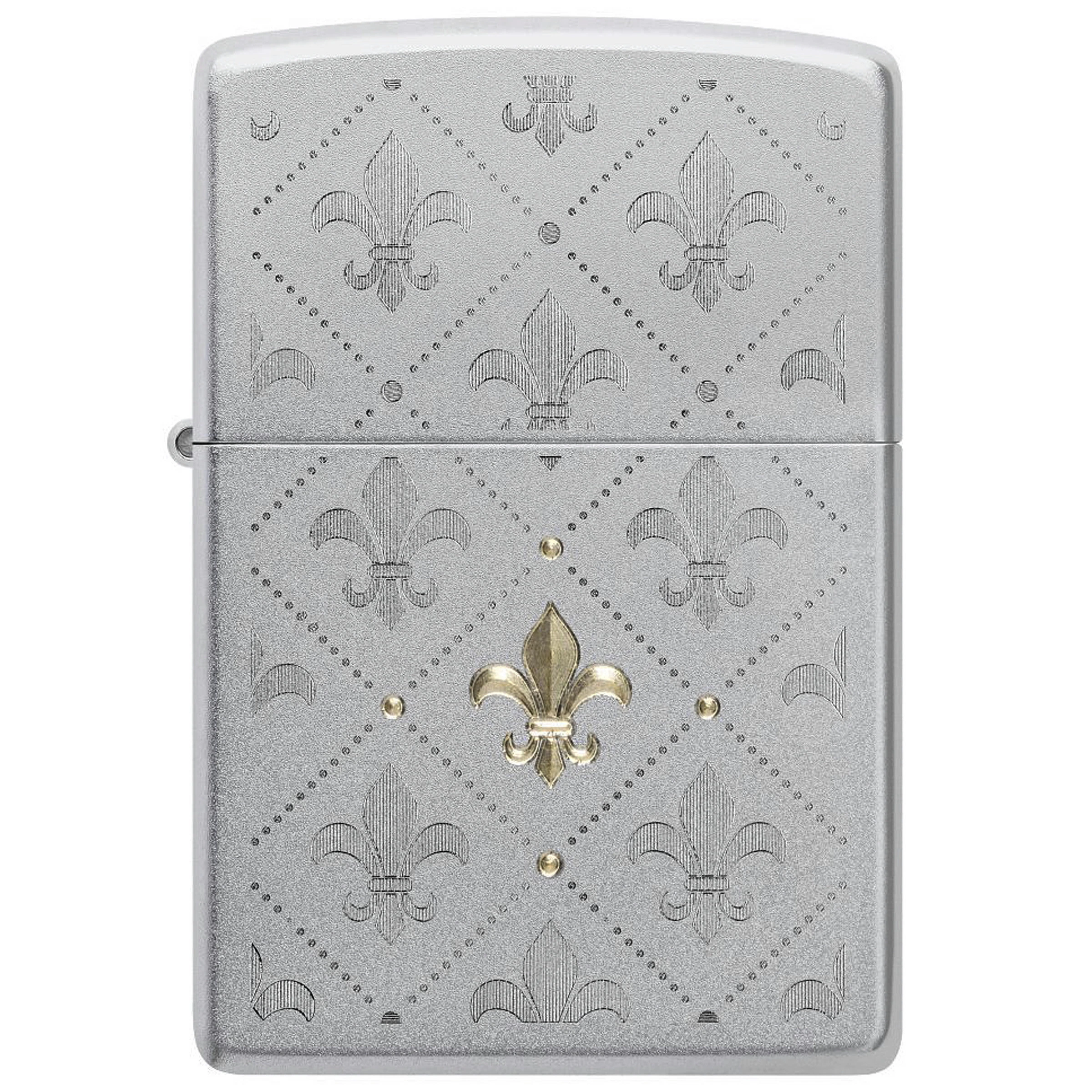 Encendedor Zippo 205Pattern Design cerrado, de acabado plateado con patrón de flores de lis y una flor de lis dorada en el centro.