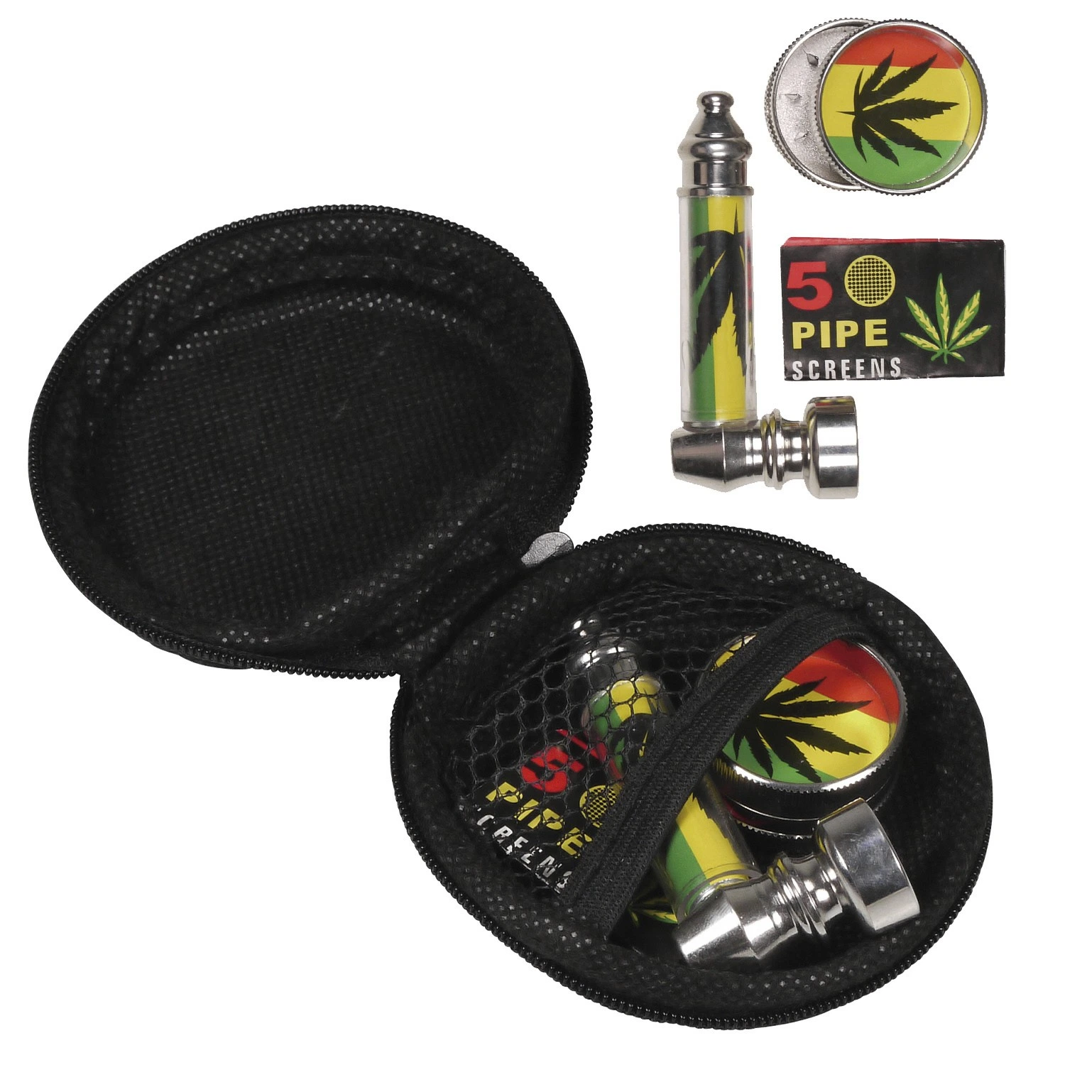 Estuche negro abierto con pipa de metal, grinder y paquete de mallas, también mostrados fuera, con motivos de hojas y colores rojo, amarillo y verde.