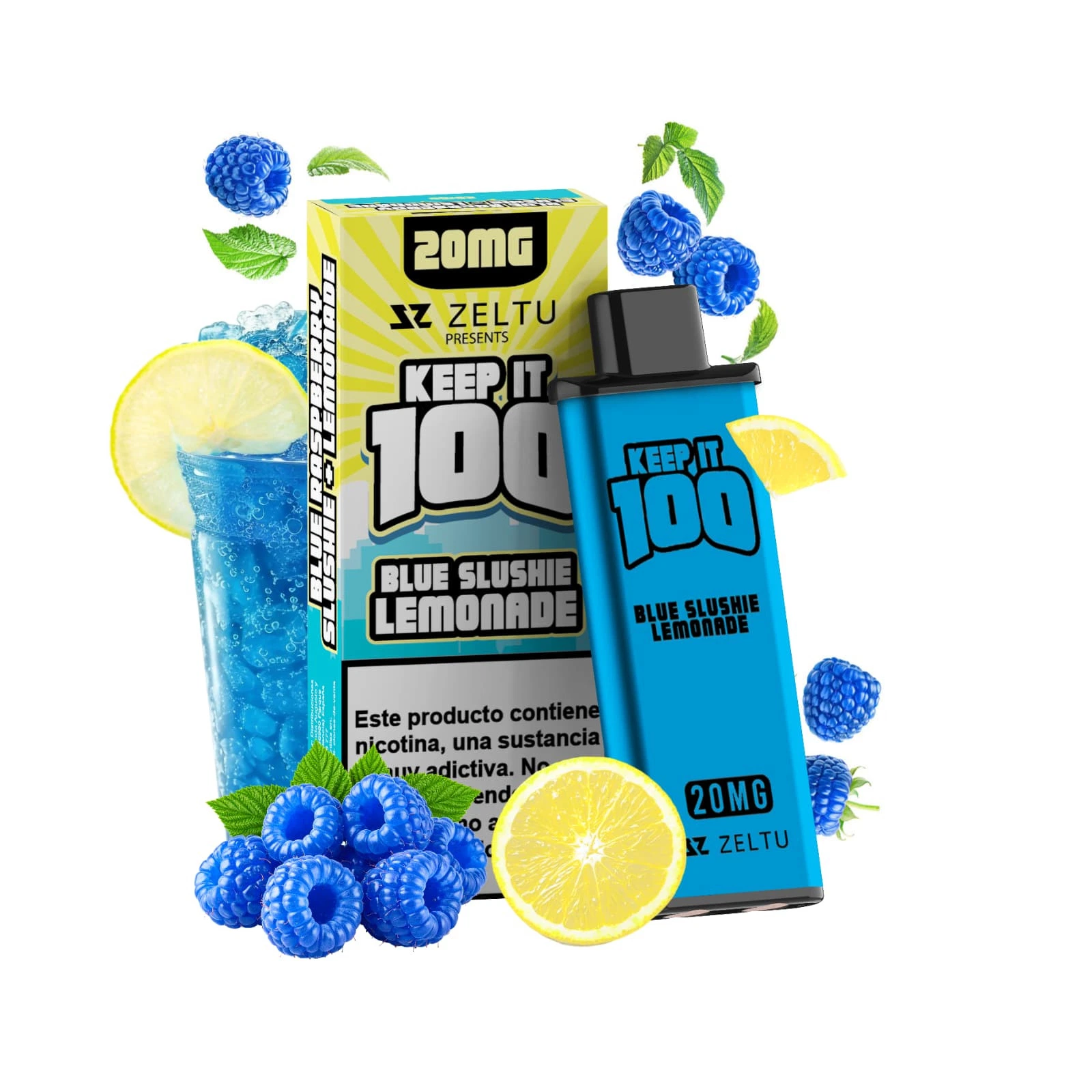 Pod azul Keep it 100 Blue Slushie Lemonade con su caja y la inscripción 20MG, rodeado de limones, bayas azules y un vaso de bebida azul.