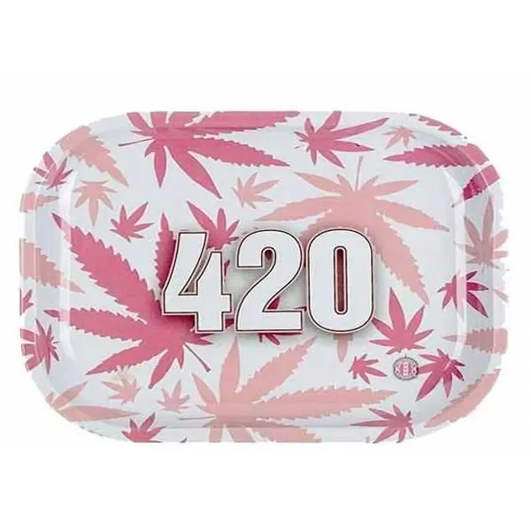 Bandeja rectangular de esquinas redondeadas, con hojas de cannabis en tonos rosas sobre fondo blanco y un gran 420 en el centro.