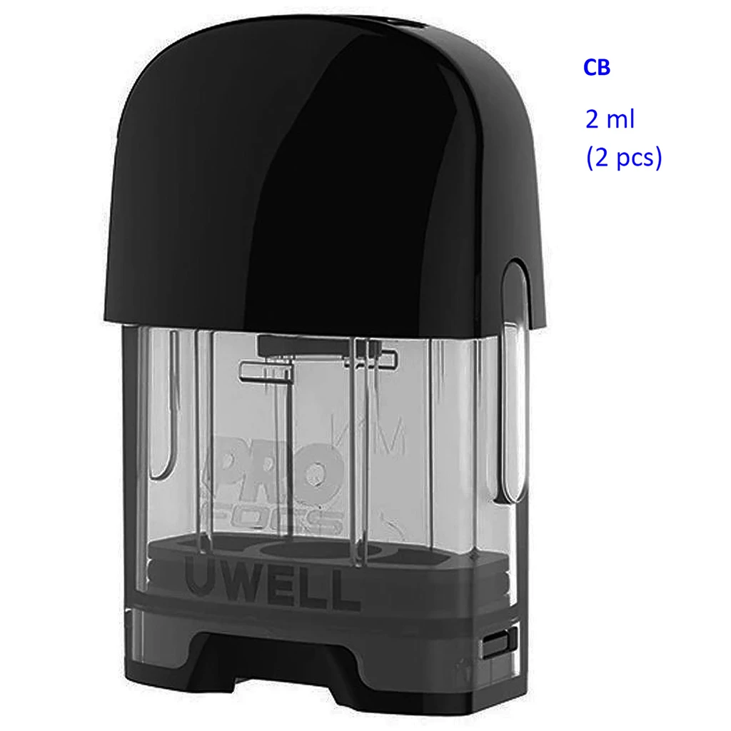 Pod de repuesto UWELL con depósito transparente y boquilla negra, junto al texto azul «CB 2 ml (2 pcs)», sobre fondo blanco.