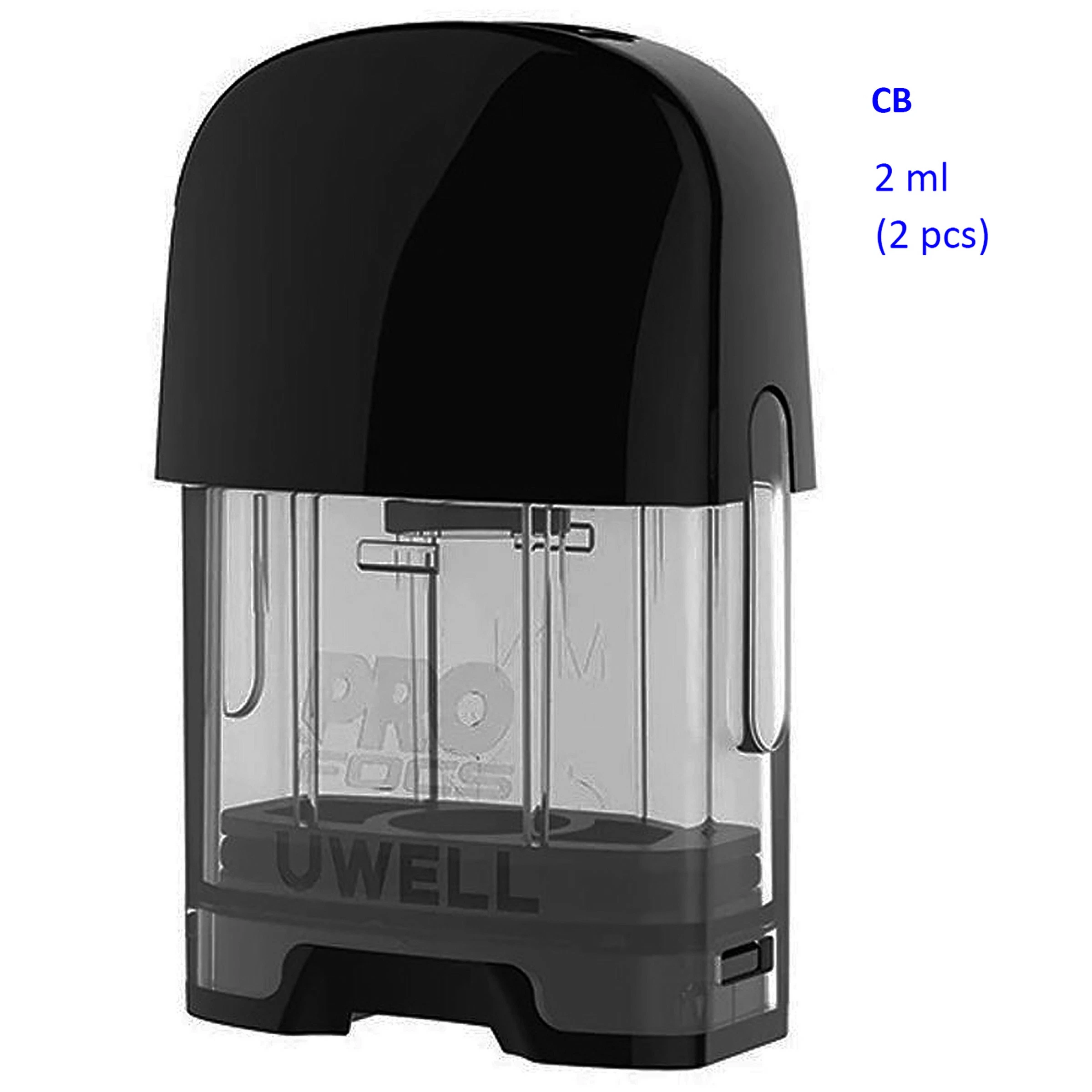 Pod de repuesto UWELL con depósito transparente y boquilla negra, junto al texto azul «CB 2 ml (2 pcs)», sobre fondo blanco.
