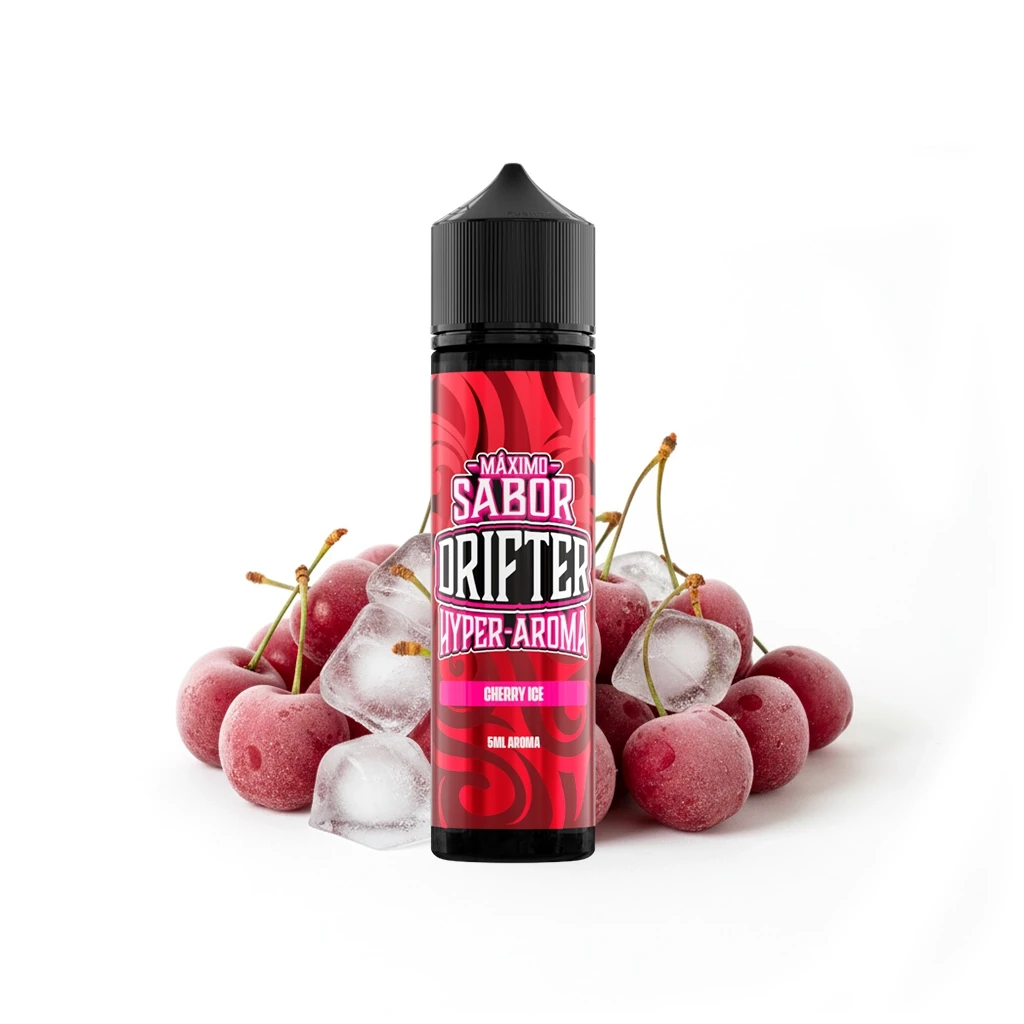 Frasco Drifter Hyper-Aroma Cherry Ice con tapón negro y etiqueta roja de 5 ml de aroma, delante de cerezas y cubitos de hielo.