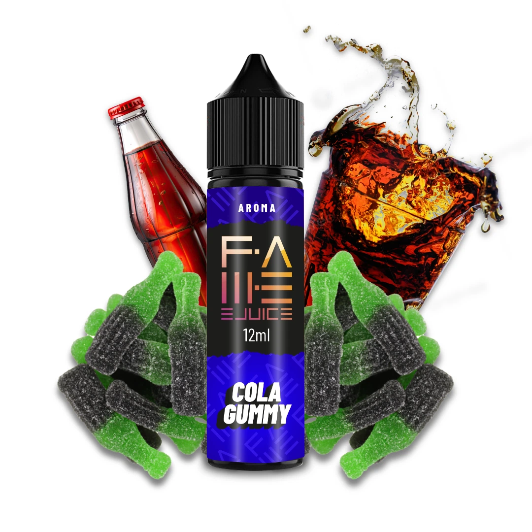 Frasco de aroma Cola Gummy de Fame Ejuice, de 12 ml, con tapón negro, rodeado de gominolas verdes y negras y un montaje de refresco de cola.