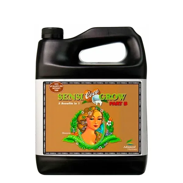 Garrafa negra de Sensi Coco Grow Part B de Advanced Nutrients, con asa integrada y etiqueta naranja con una figura femenina ilustrada.