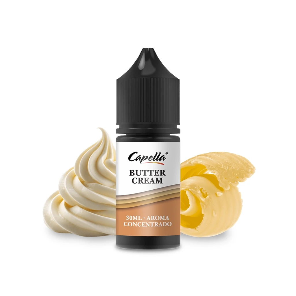 Frasco de aroma concentrado Butter Cream de Capella con tapón negro, delante de una espiral de crema y rizos de mantequilla.
