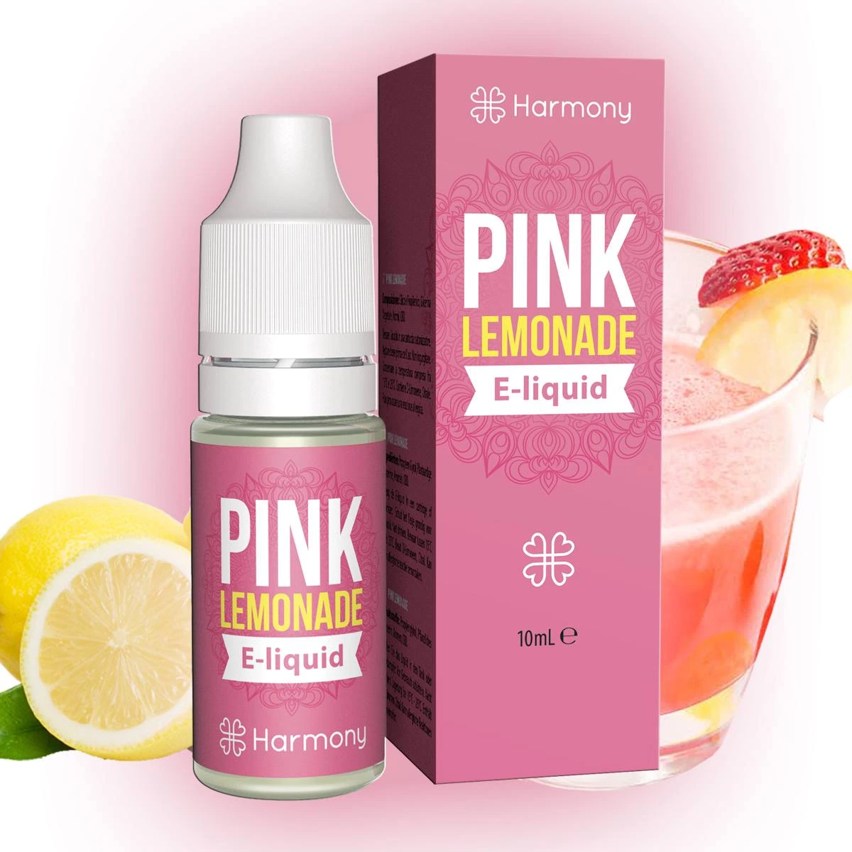 Frasco de e-líquido Pink Lemonade Harmony con tapón blanco y caja rosa de 10 ml, junto a un limón y un vaso de bebida rosa con fruta.