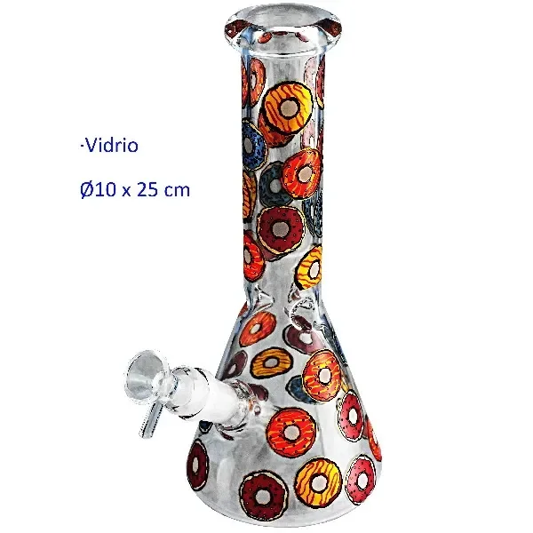 Bong de cristal transparente con base ensanchada, tubo largo, cazoleta lateral y dibujos de rosquillas de colores sobre fondo blanco.