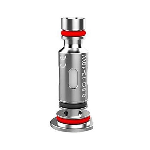 Resistencia Uwell Caliburn G y G2 plateada, con juntas rojas, abertura lateral y marcado de 0,8 Ω y 13–18 W.