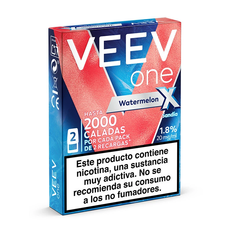 Caja de VEEV One Watermelon Sandía en rojo y azul, vista en perspectiva, con indicación de 20 mg/ml y advertencia sobre nicotina.