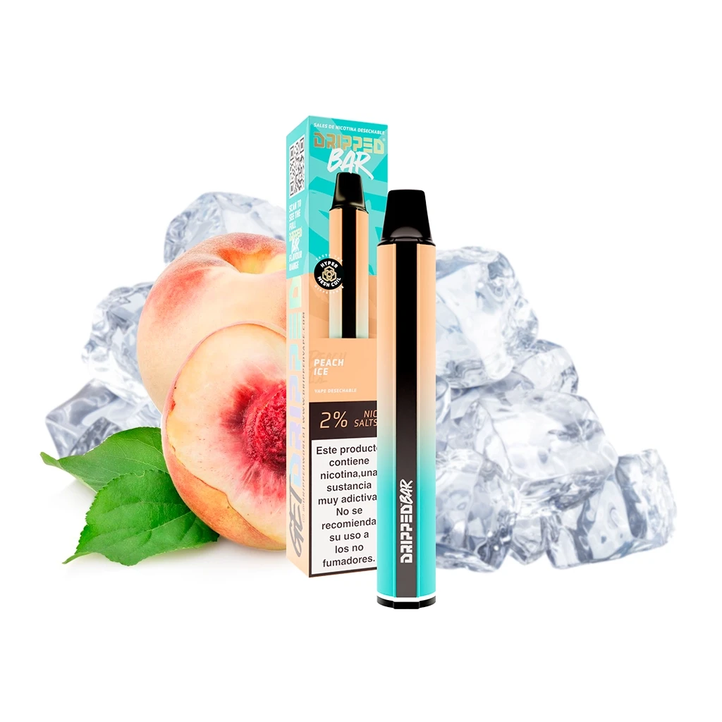 Vaper Dripped Peach Ice con boquilla negra y cuerpo de tonos melocotón y turquesa, junto a su caja, melocotones y hielo.