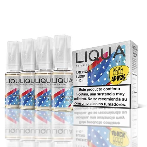 Frascos de e-líquido Liqua American Blend junto a una caja rotulada 4 × 10 ml, con motivos de bandera estadounidense y aviso de nicotina.
