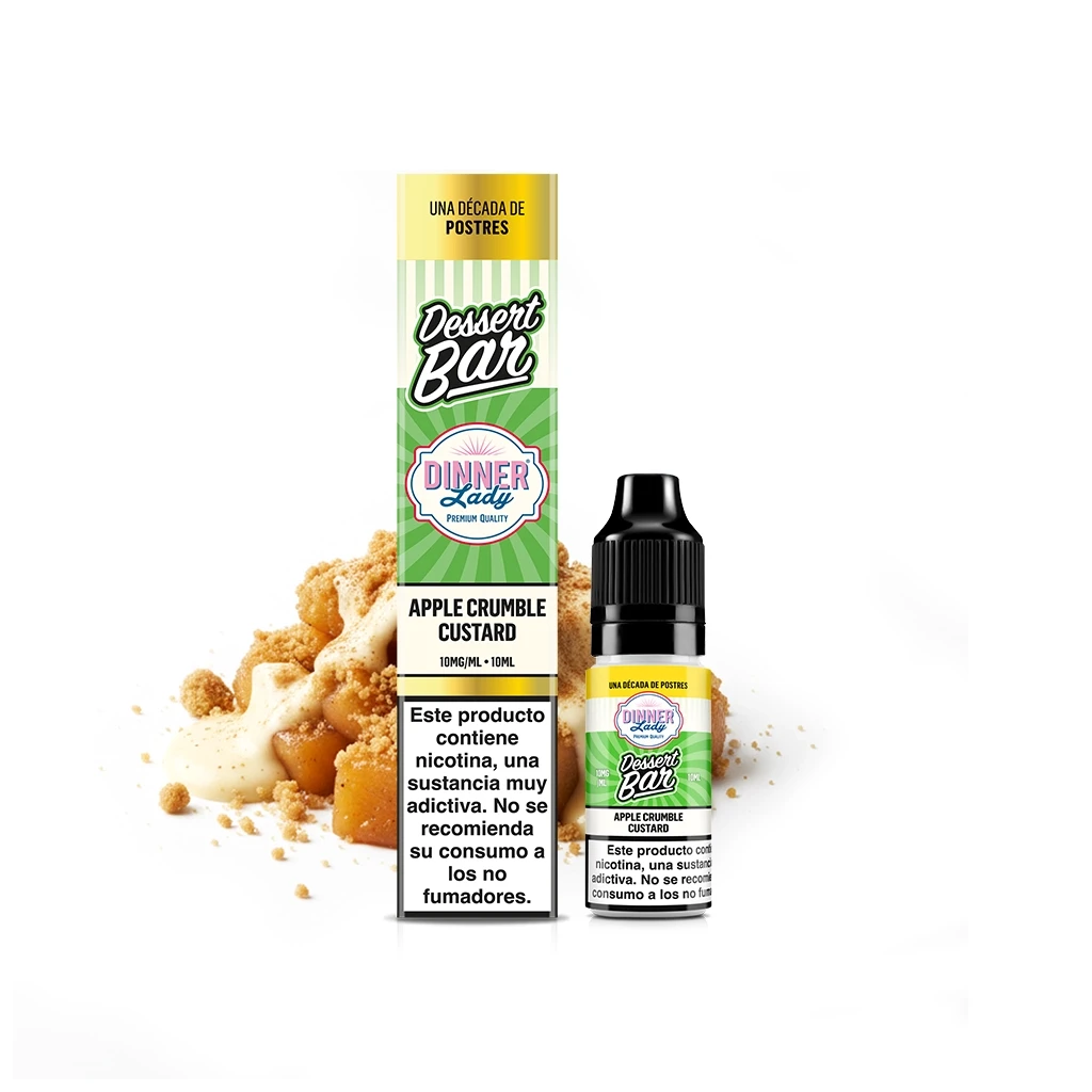 Caja y frasco Dinner Lady Dessert Bar Apple Crumble Custard de 10 ml, con aviso de nicotina y postre de manzana al fondo.