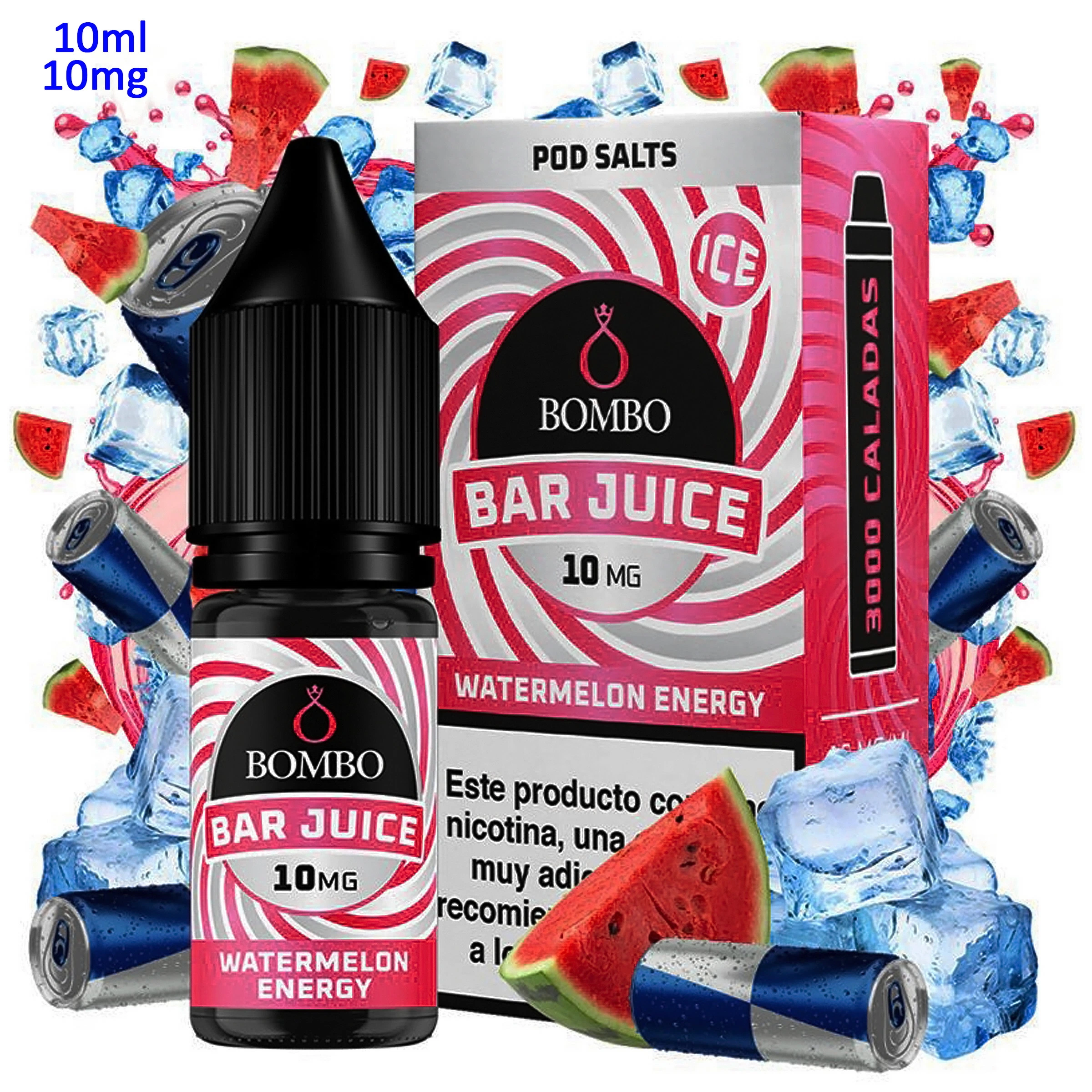 Frasco y caja de Bombo Bar Juice Watermelon Energy Ice, rotulados 10 mg, rodeados de sandía, cubitos de hielo y latas azules.