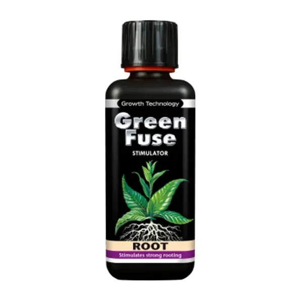 Botella negra de Greenfuse Root de Growth Technology, con tapón estriado y etiqueta ilustrada con una planta y sus raíces.